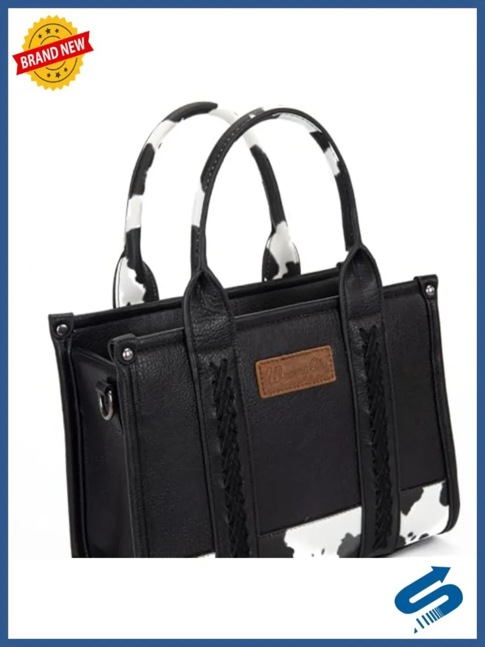 Medium Faux Leather Tote Bag with Cow Print and Detachable Crossbody Strap